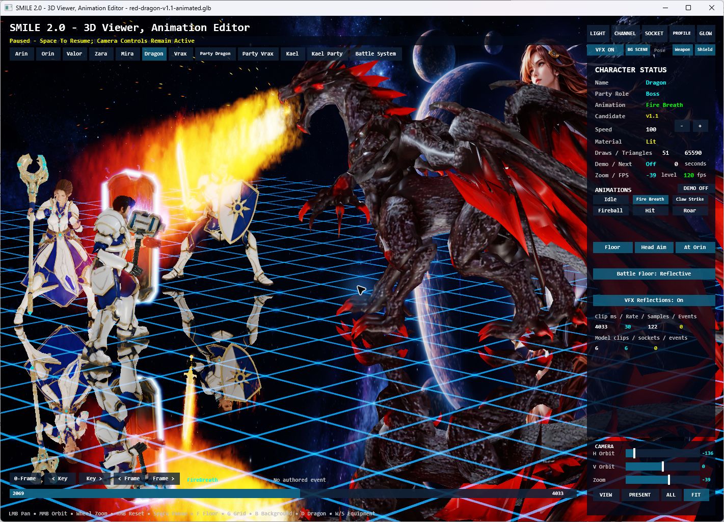 The Red Dragon breathes fire toward the heroes, with the dragon, flame and party reflected in the native arena