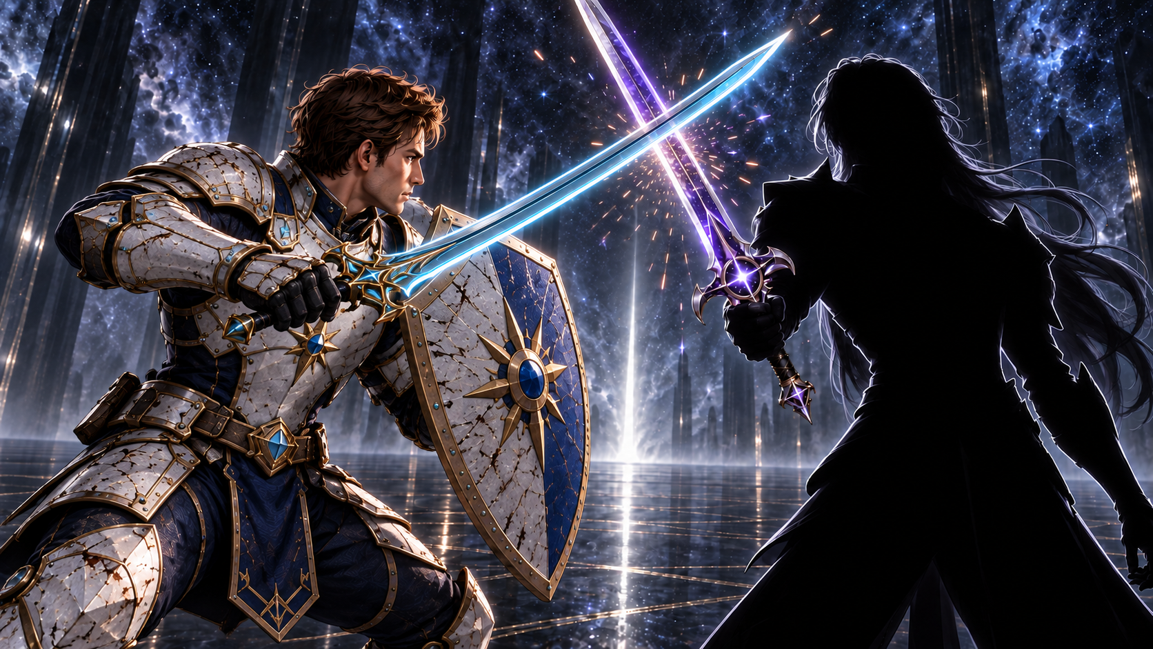 Sin Star I storyboard illustration of Arin crossing swords with a mysterious opponent