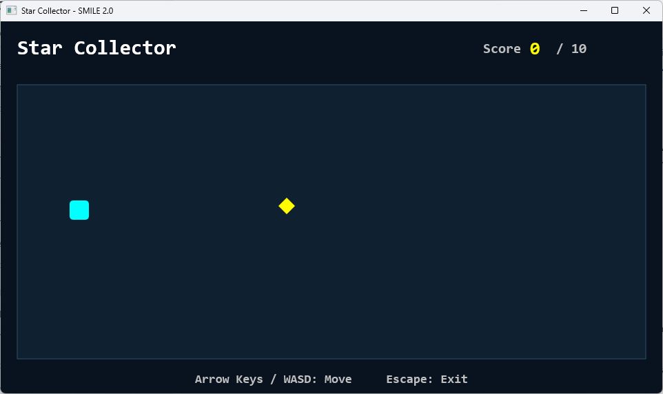 The native SMILE 2.0 Star Collector game, with a cyan player, gold collectible and score display.